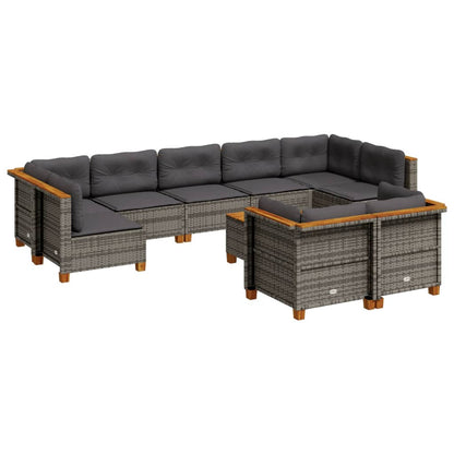 10-delige Loungeset met kussens poly rattan grijs