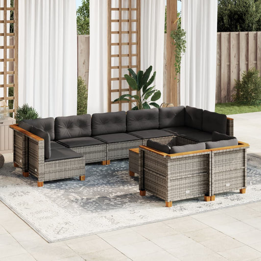 10-delige Loungeset met kussens poly rattan grijs