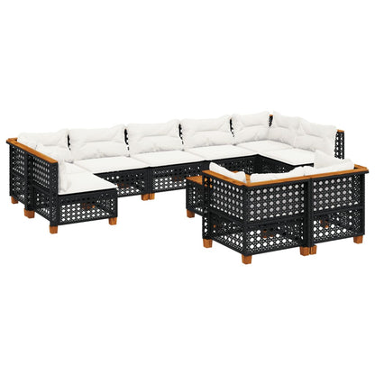 10-delige Loungeset met kussens poly rattan zwart