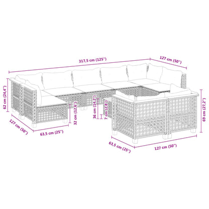 10-delige Loungeset met kussens poly rattan zwart