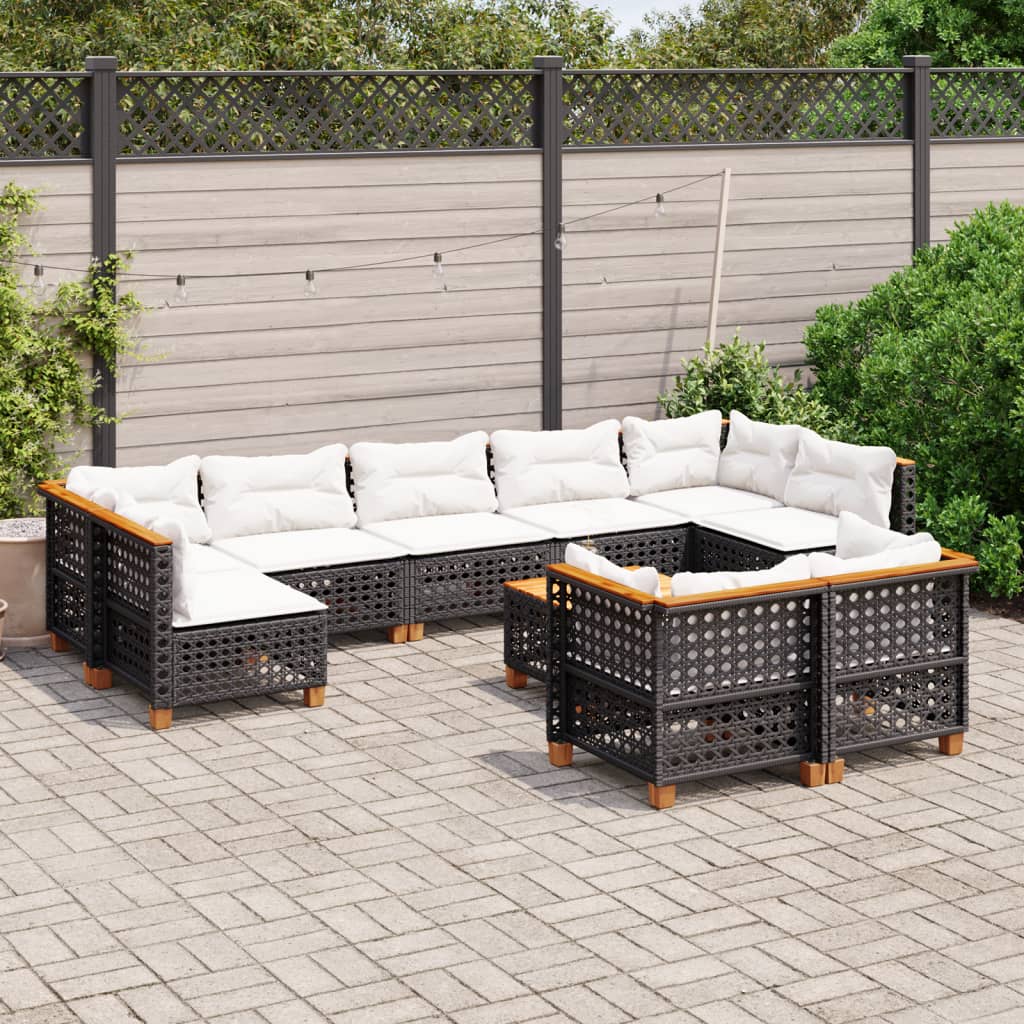 10-delige Loungeset met kussens poly rattan zwart