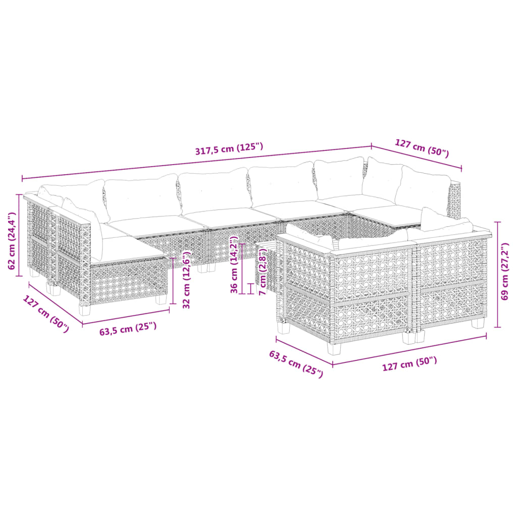 10-delige Loungeset met kussens poly rattan grijs