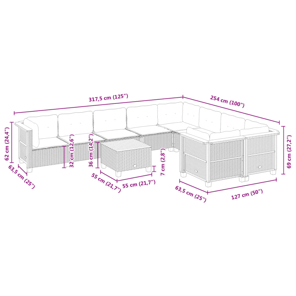 10-delige Loungeset met kussens poly rattan zwart