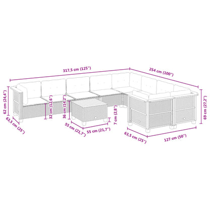 10-delige Loungeset met kussens poly rattan zwart