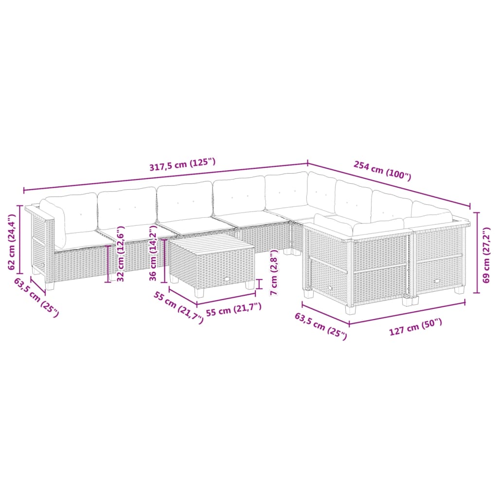 10-delige Loungeset met kussens poly rattan grijs