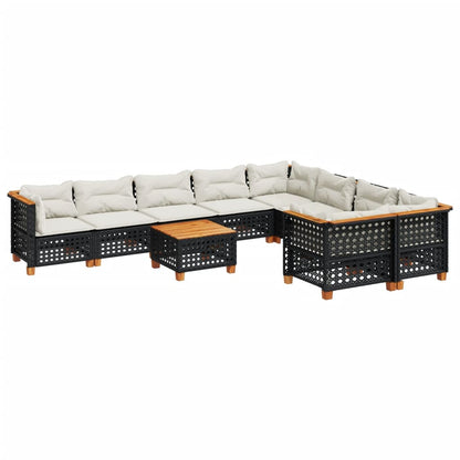 10-delige Loungeset met kussens poly rattan zwart