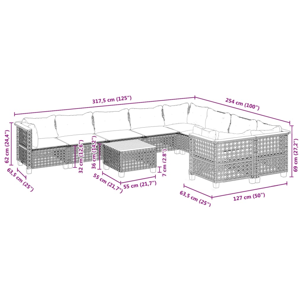 10-delige Loungeset met kussens poly rattan zwart