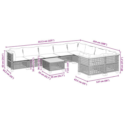 10-delige Loungeset met kussens poly rattan zwart