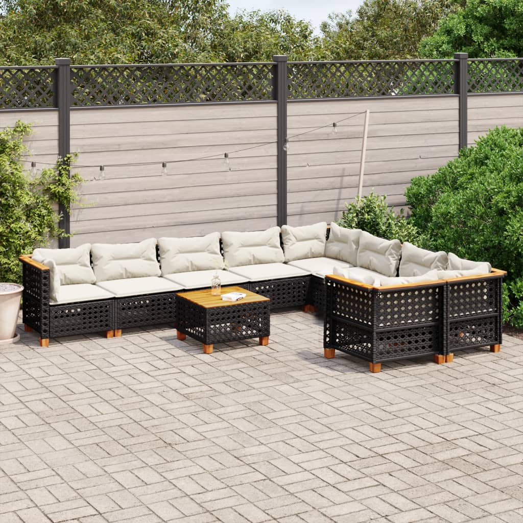 10-delige Loungeset met kussens poly rattan zwart