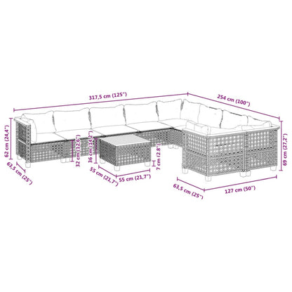 10-delige Loungeset met kussens poly rattan grijs