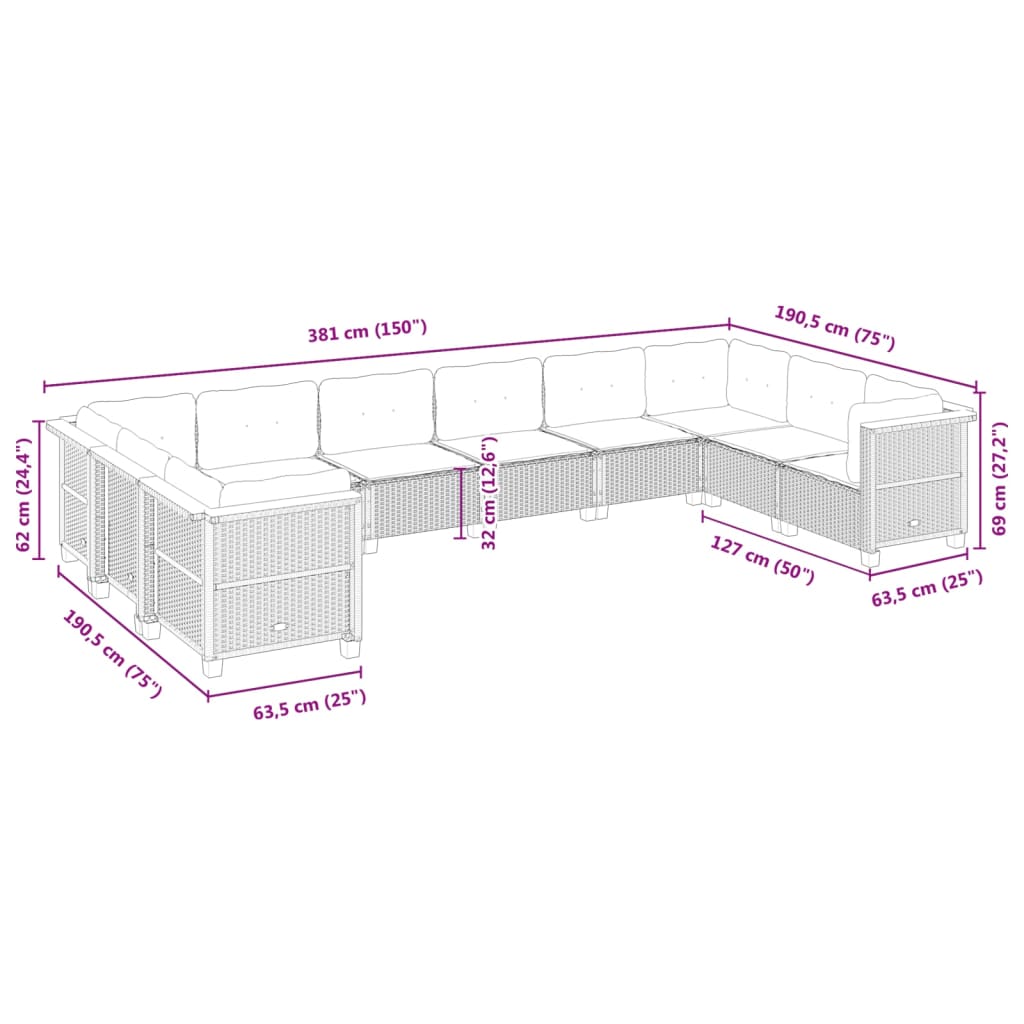 10-delige Loungeset met kussens poly rattan zwart