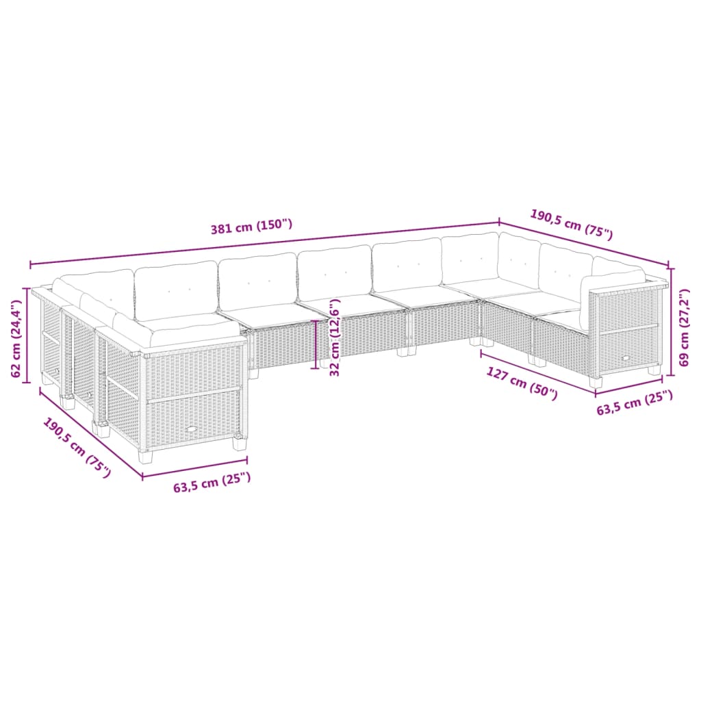 10-delige Loungeset met kussens poly rattan grijs