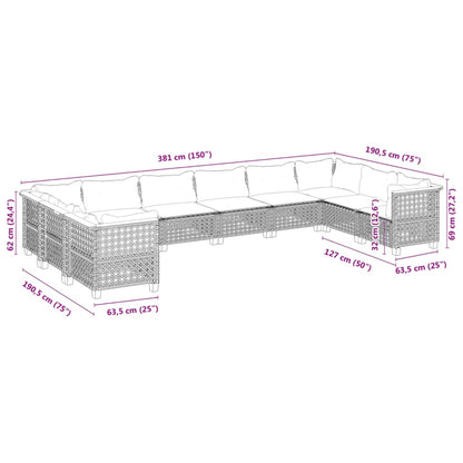 10-delige Loungeset met kussens poly rattan zwart