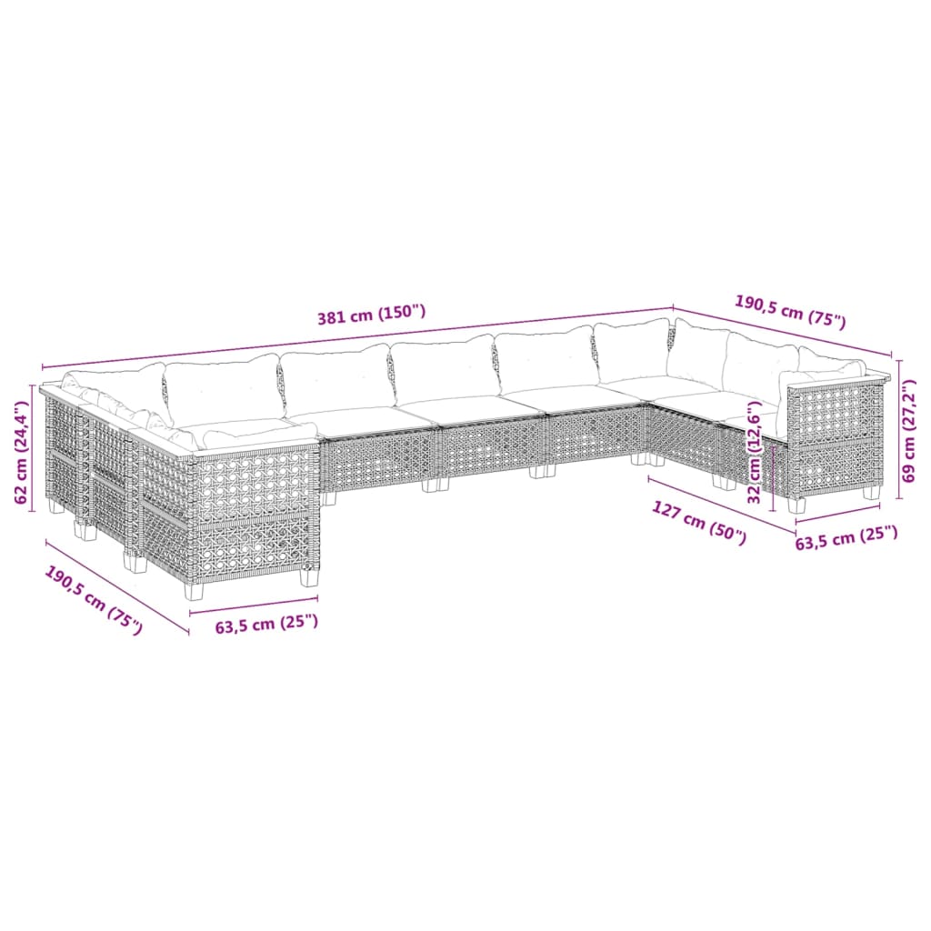 10-delige Loungeset met kussens poly rattan grijs