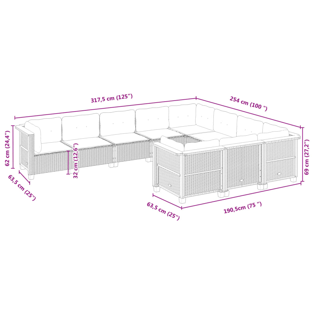 10-delige Loungeset met kussens poly rattan grijs