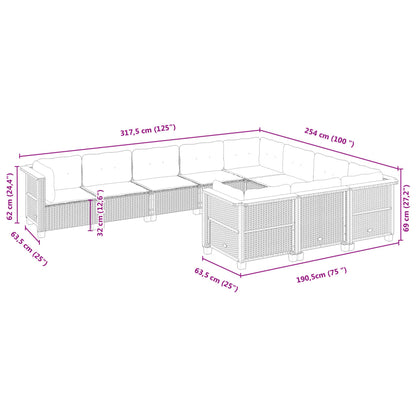 10-delige Loungeset met kussens poly rattan grijs