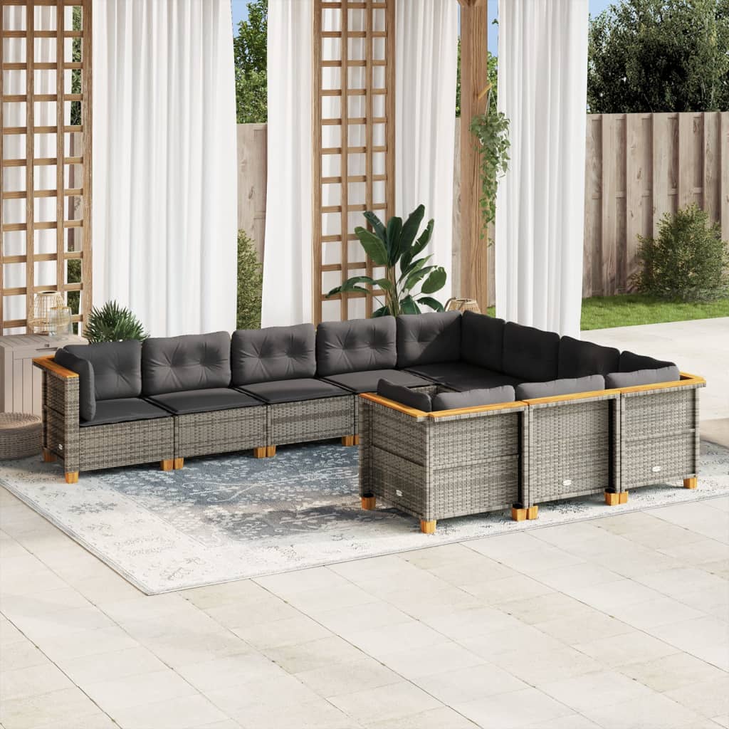 10-delige Loungeset met kussens poly rattan grijs