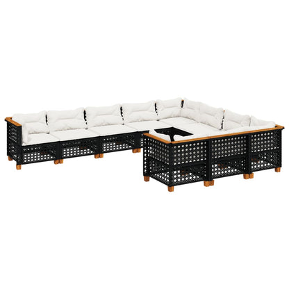 10-delige Loungeset met kussens poly rattan zwart