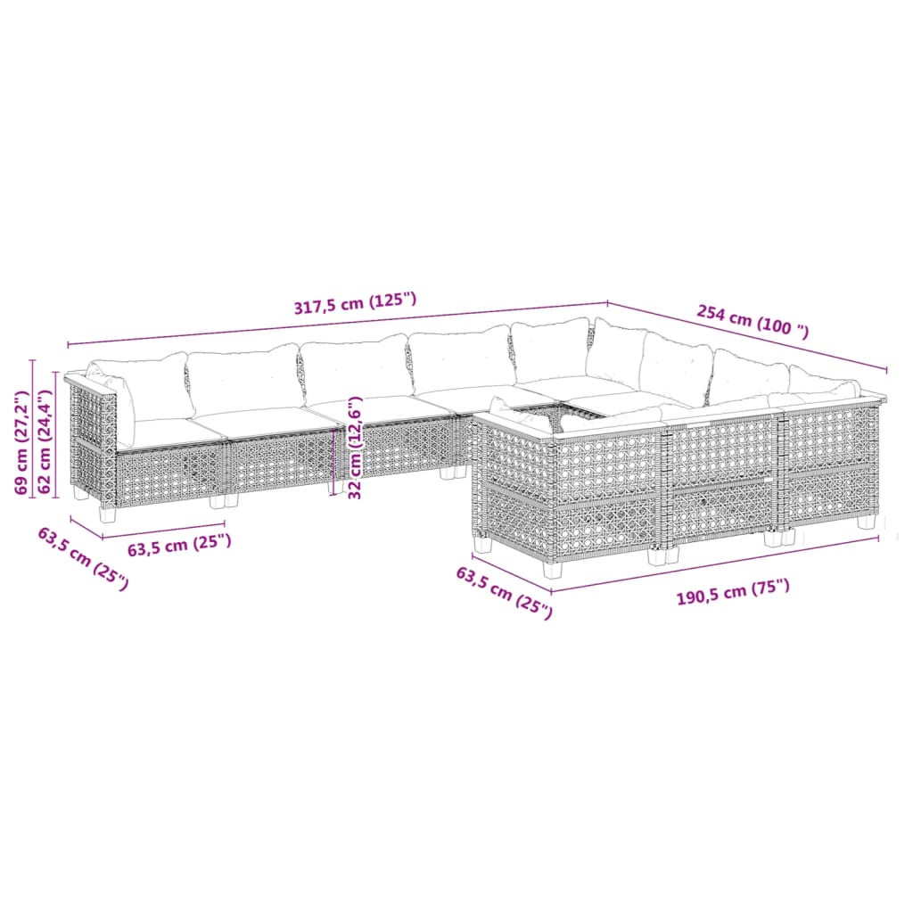 10-delige Loungeset met kussens poly rattan zwart