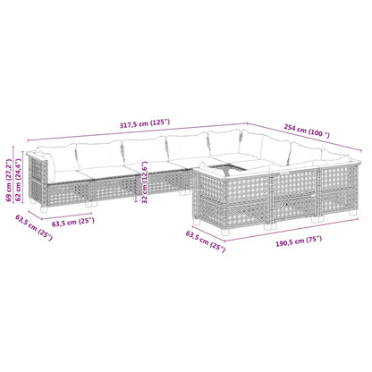 10-delige Loungeset met kussens poly rattan zwart