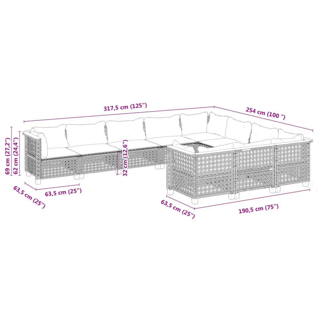 10-delige Loungeset met kussens poly rattan grijs