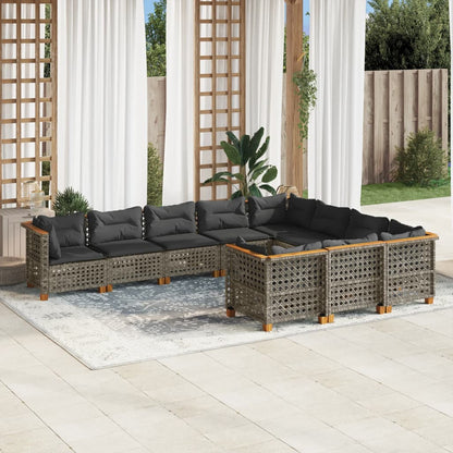 10-delige Loungeset met kussens poly rattan grijs