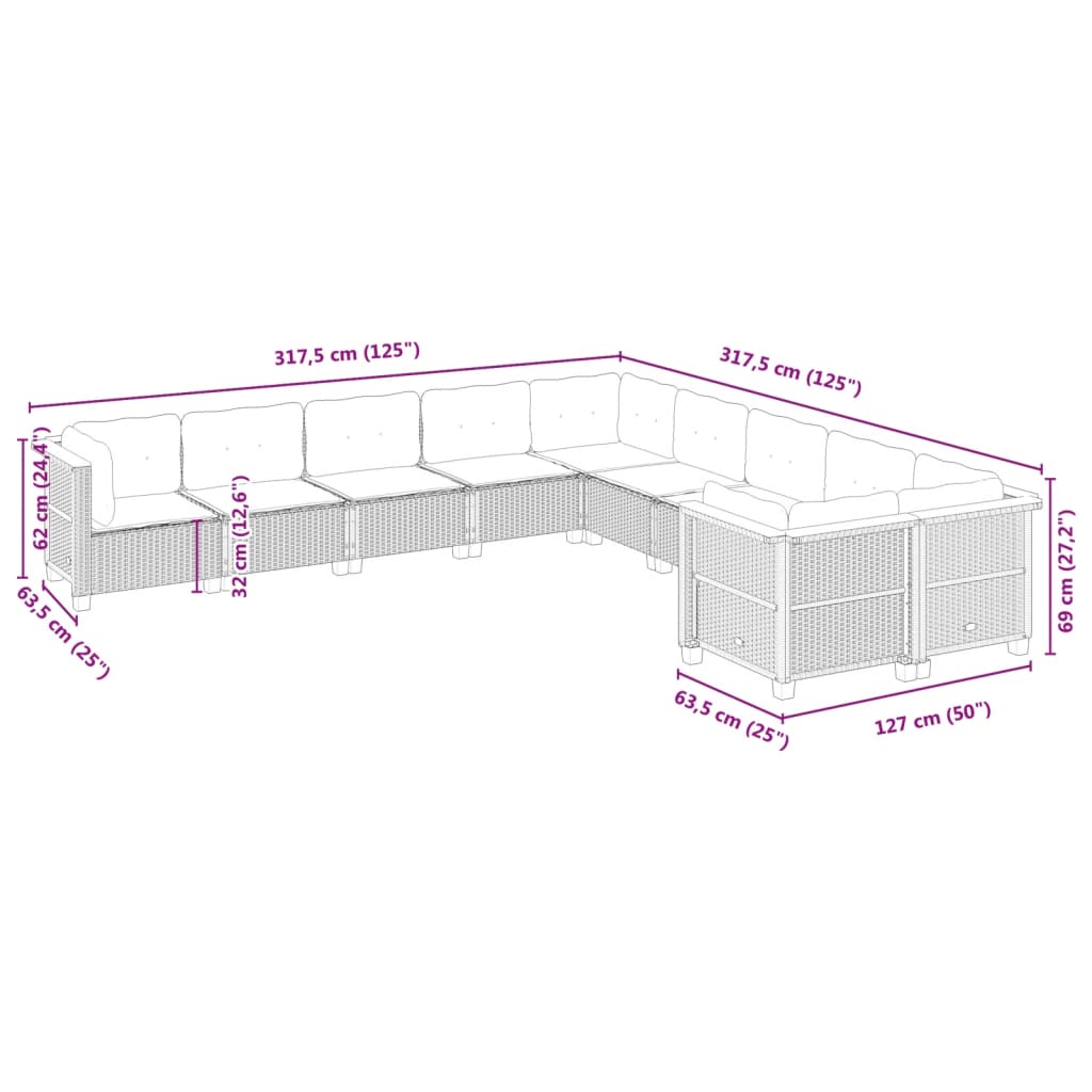 10-delige Loungeset met kussens poly rattan zwart