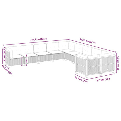 10-delige Loungeset met kussens poly rattan zwart