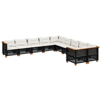 10-delige Loungeset met kussens poly rattan zwart