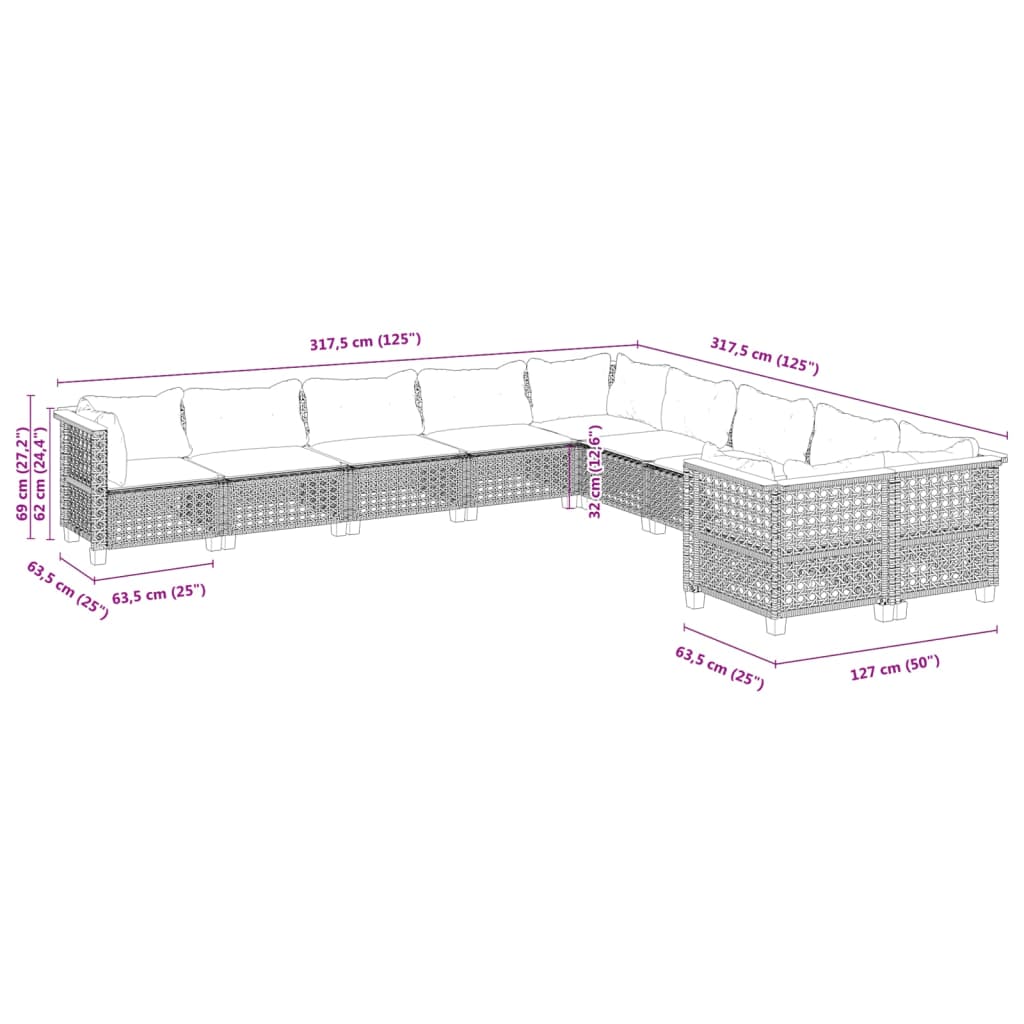 10-delige Loungeset met kussens poly rattan grijs