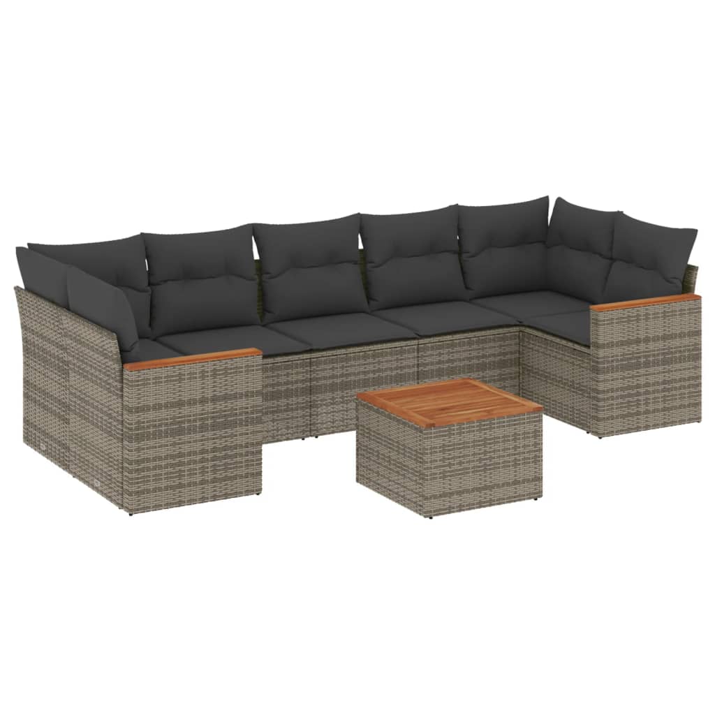 8-delige Loungeset met kussens poly rattan grijs