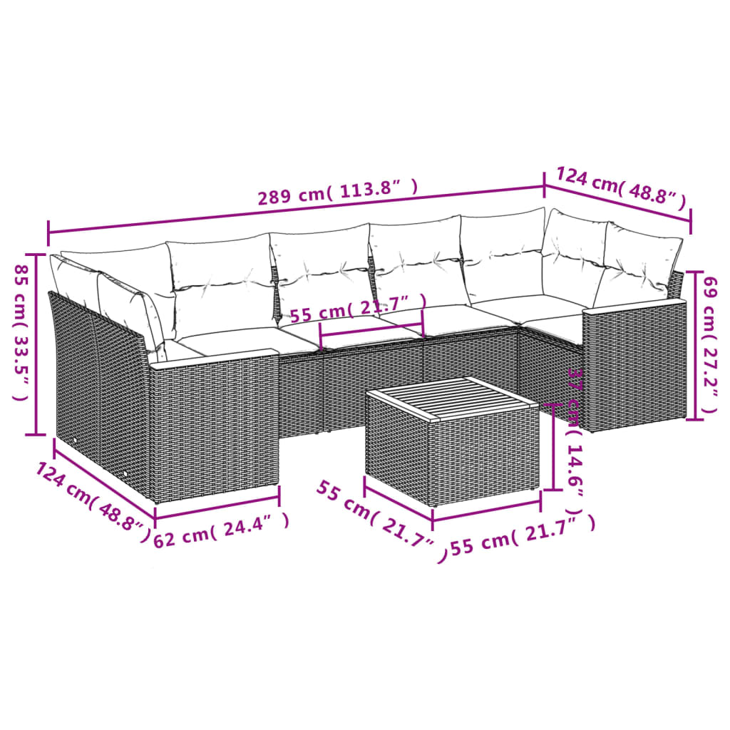 8-delige Loungeset met kussens poly rattan grijs