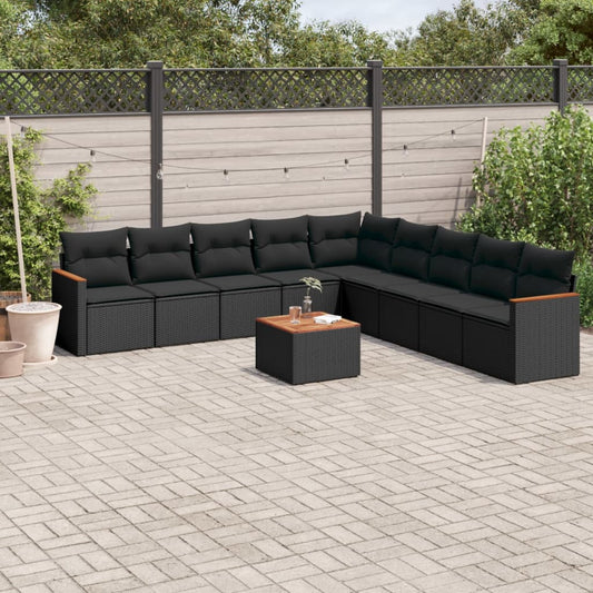 10-delige Loungeset met kussens poly rattan zwart