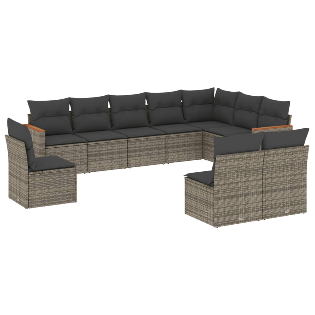 10-delige Loungeset met kussens poly rattan grijs