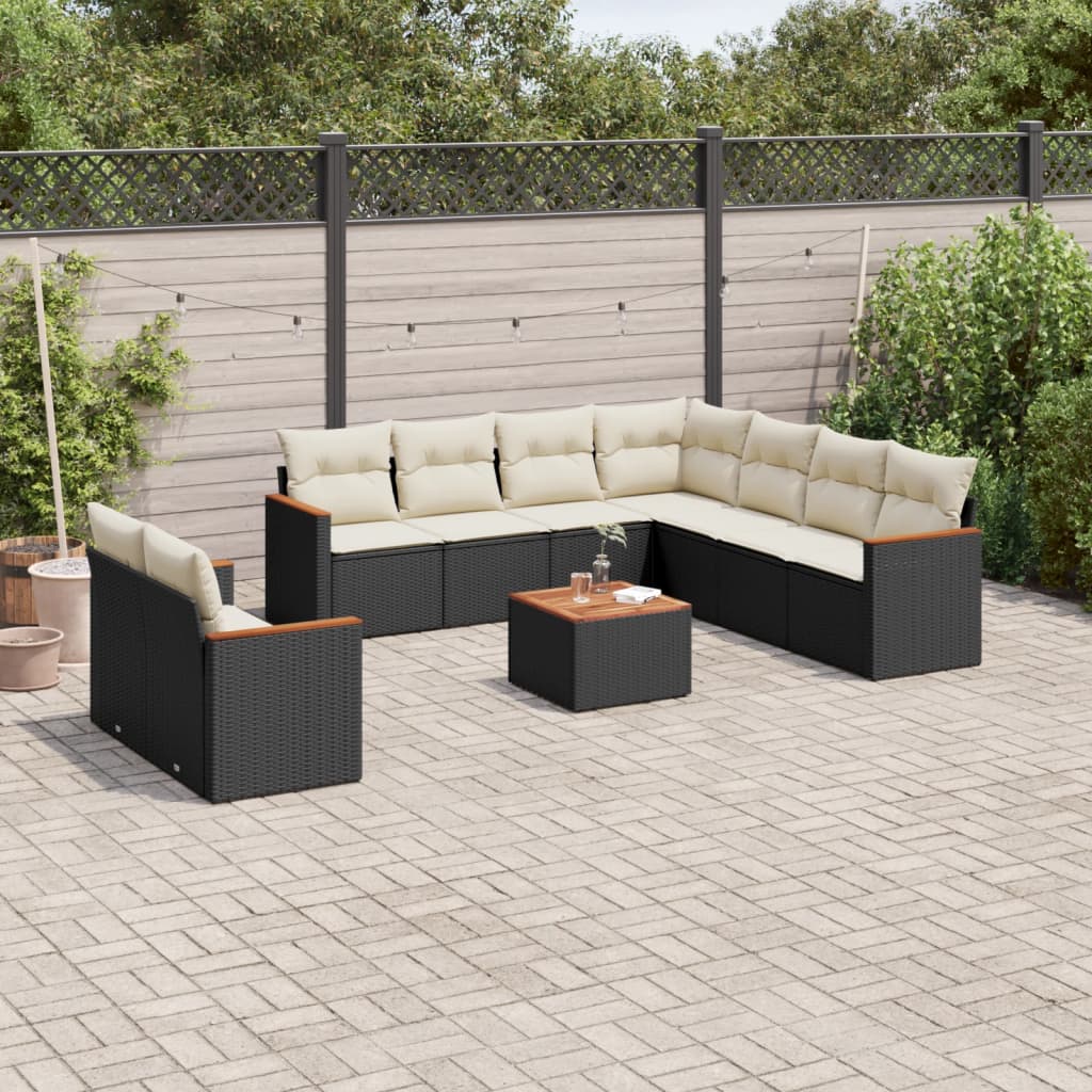 10-delige Loungeset met kussens poly rattan zwart