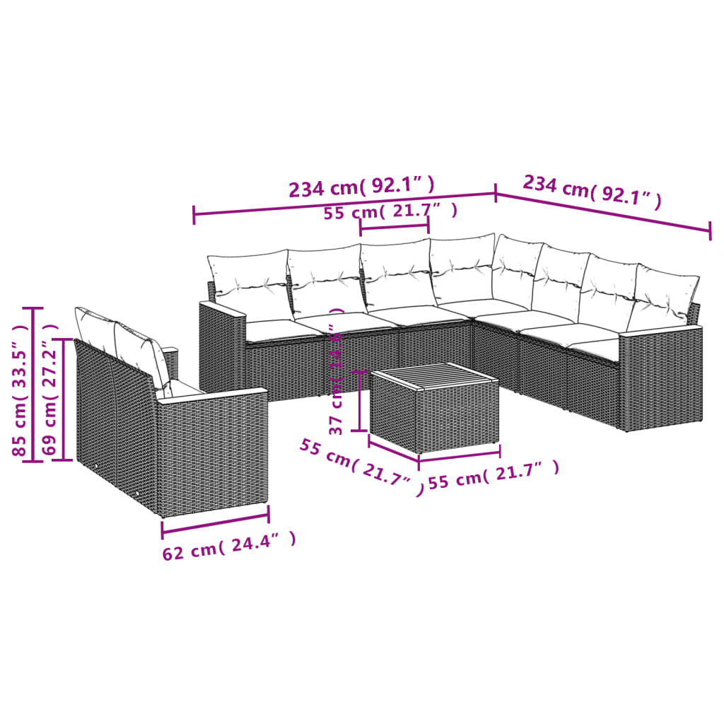 10-delige Loungeset met kussens poly rattan beige