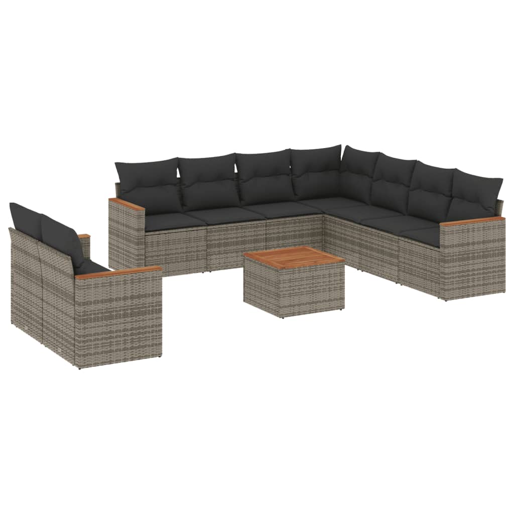 10-delige Loungeset met kussens poly rattan grijs