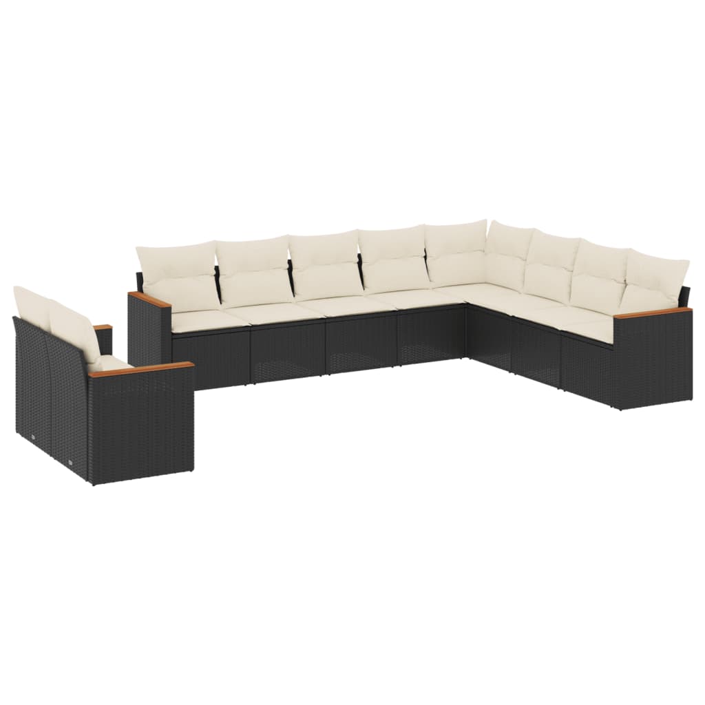 10-delige Loungeset met kussens poly rattan zwart