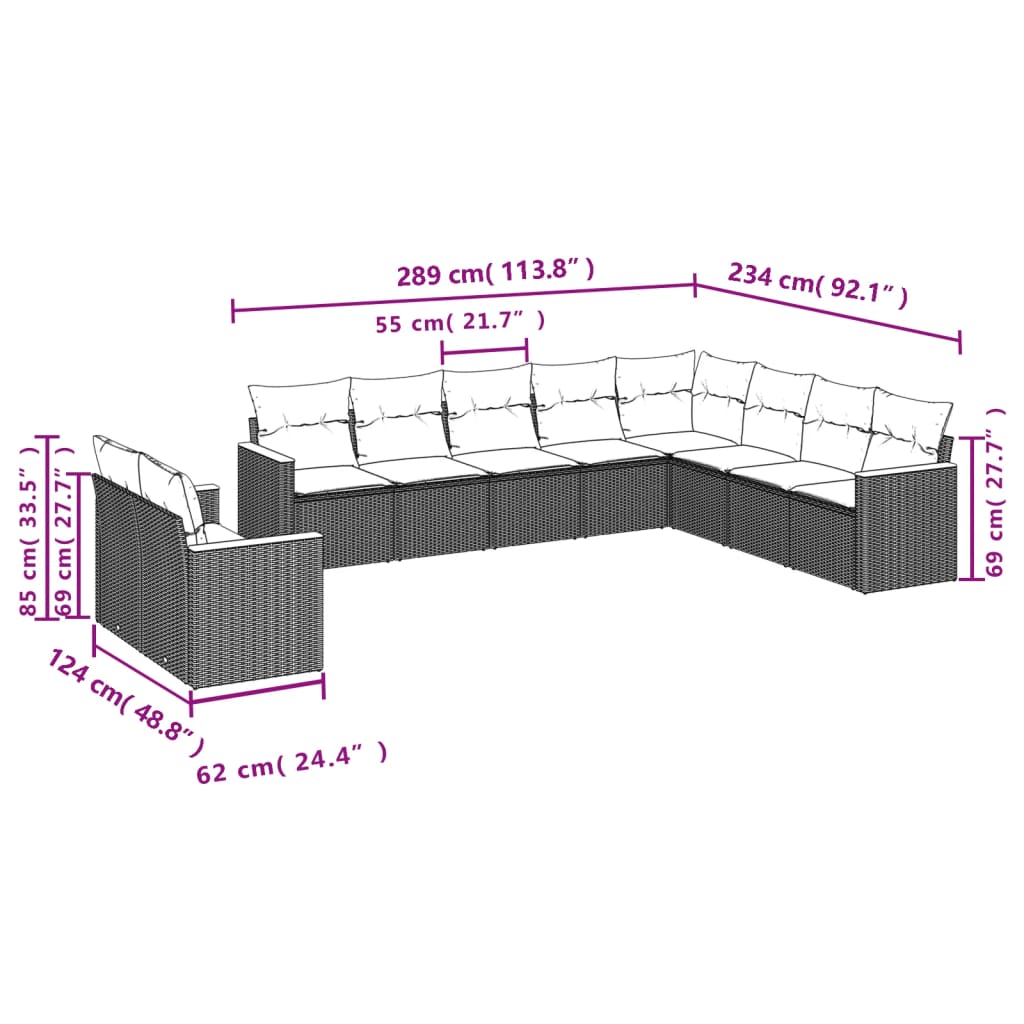 10-delige Loungeset met kussens poly rattan zwart