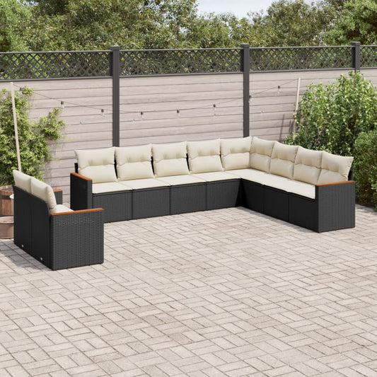 10-delige Loungeset met kussens poly rattan zwart