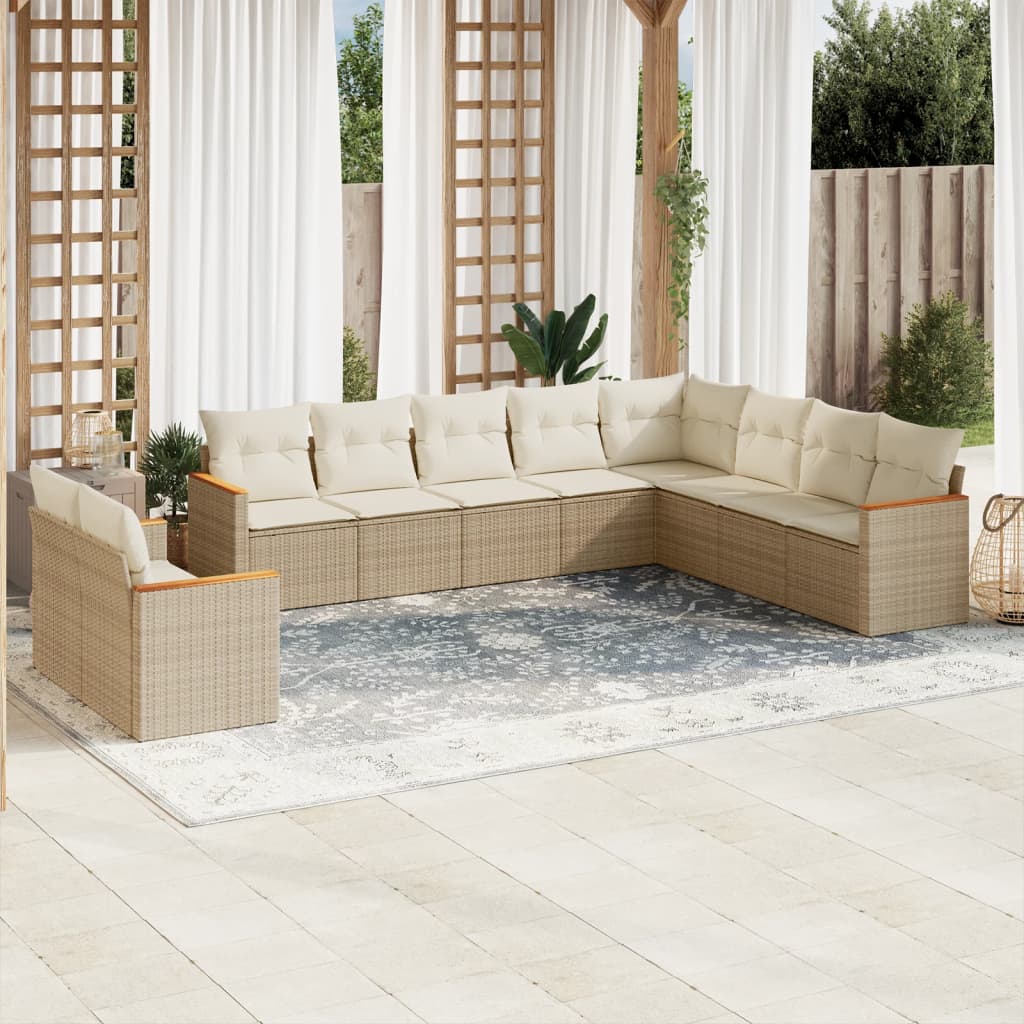 10-delige Loungeset met kussens poly rattan beige