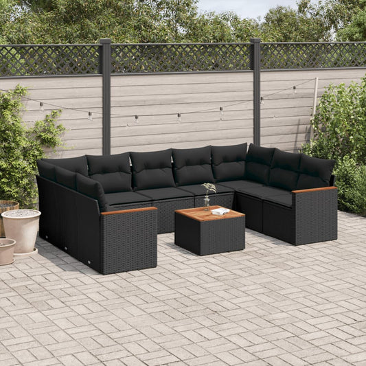 10-delige Loungeset met kussens poly rattan zwart