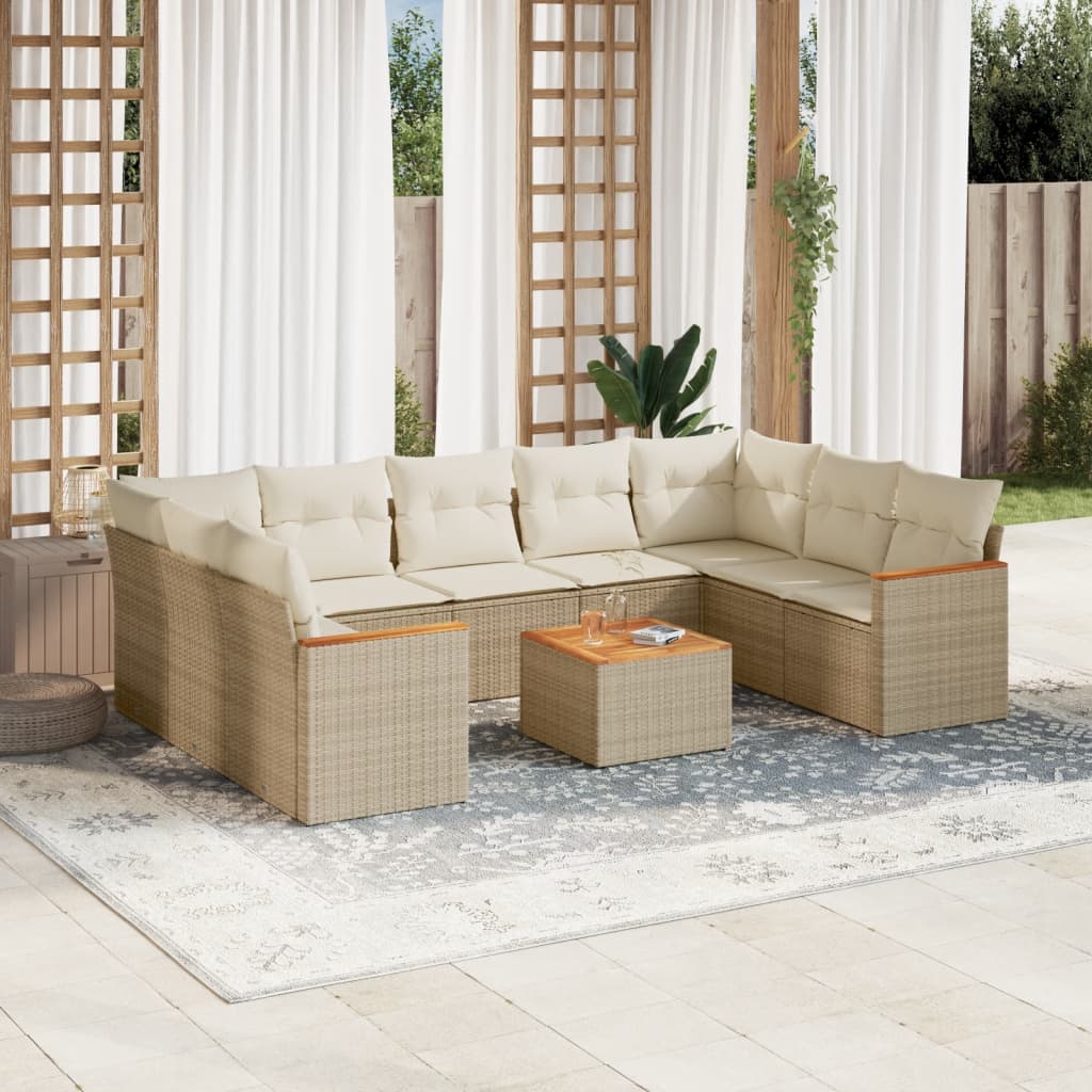 10-delige Loungeset met kussens poly rattan beige