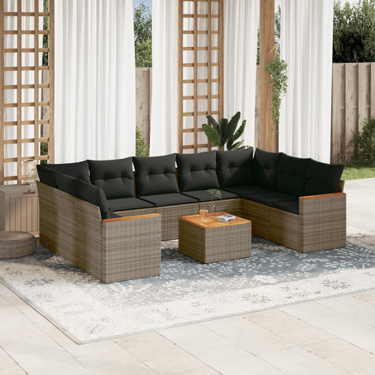 10-delige Loungeset met kussens poly rattan grijs