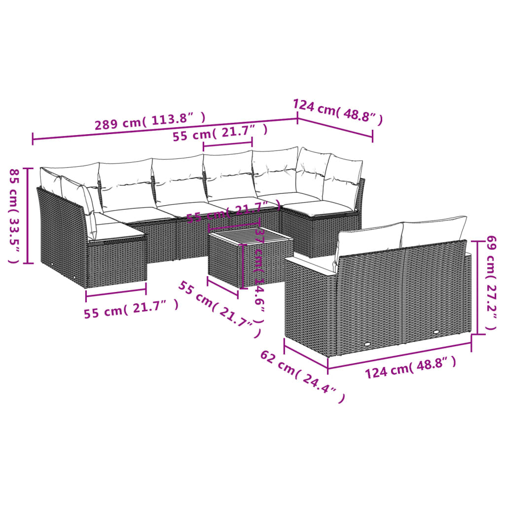 10-delige Loungeset met kussens poly rattan zwart