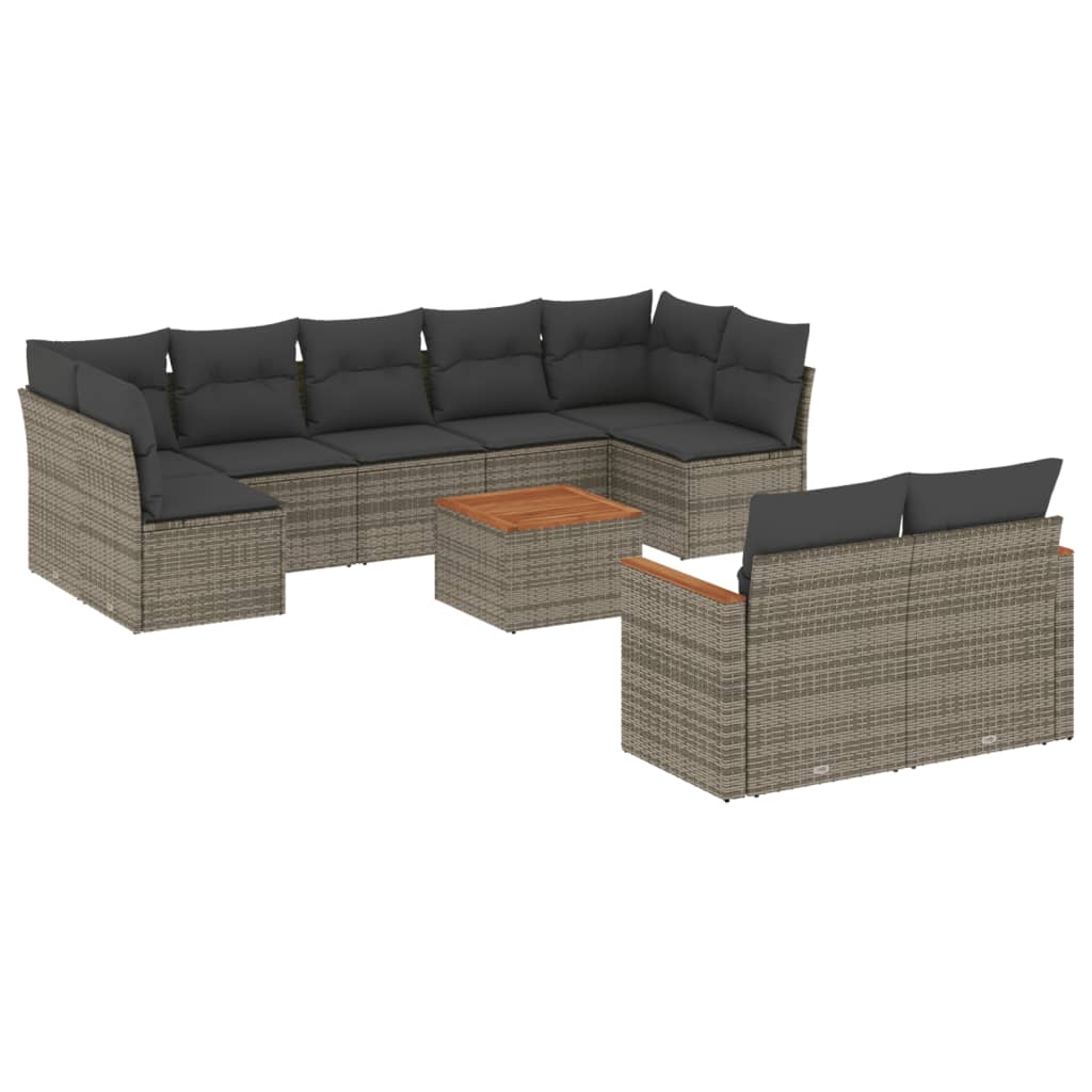 10-delige Loungeset met kussens poly rattan grijs