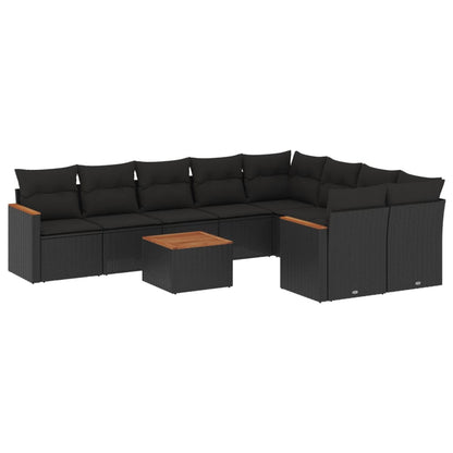 10-delige Loungeset met kussens poly rattan zwart