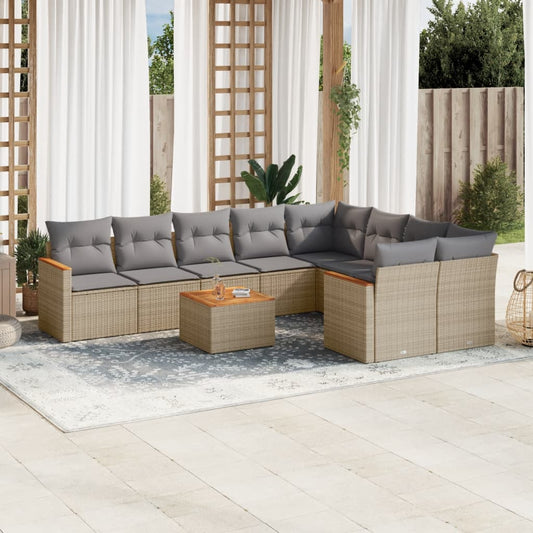 10-delige Loungeset met kussens poly rattan beige