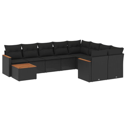 10-delige Loungeset met kussens poly rattan zwart