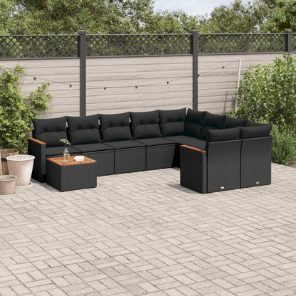 10-delige Loungeset met kussens poly rattan zwart